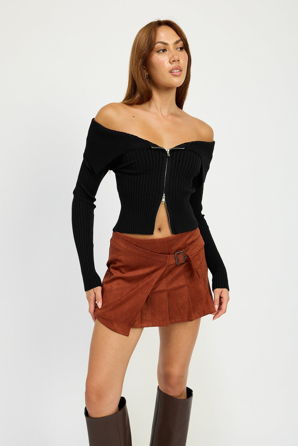 Suede Wrap Mini Skirt with Belt Brick L