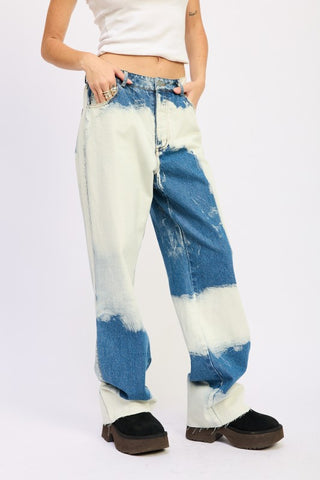full length alternate view bleach tie dye high waist wide leg jeans styled with chunky platform shoes full proportions