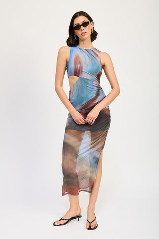 Zora abstract swirl print cutout midi dress front view, side cutout at waist with ruching, racerback neckline, midi length