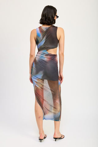 close up fabric detail abstract digital swirl print cutout midi dress showing mesh texture and color field blur pattern