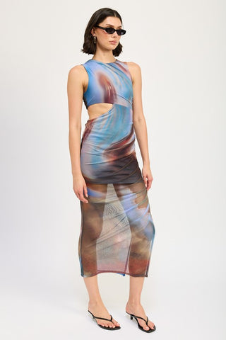 full length styled view abstract color blur cutout midi dress showing complete silhouette from neckline to hem