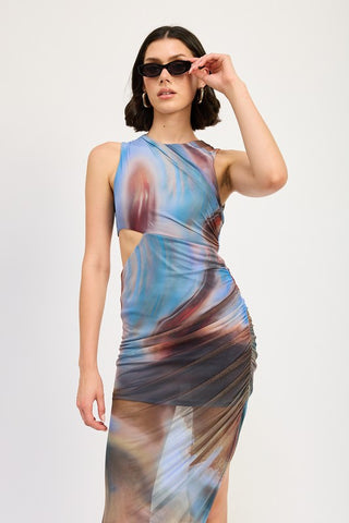 three quarter view abstract swirl color print sleeveless cutout midi dress showing racerback and full midi length proportions