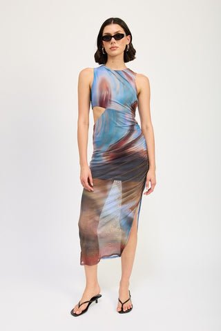 back view abstract blur print racerback cutout midi dress showing low racerback silhouette and printed mesh fabric