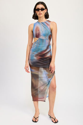 close up side cutout detail abstract print cutout midi dress showing gathered ruching around the waist cutout opening