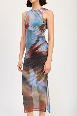 side view abstract digital blur print cutout midi dress showing side cutout with gathered ruching and side slit hem