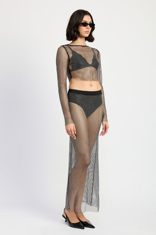 full length front view rhinestone maxi skirt showing complete sheer silhouette with all-over rhinestone scatter