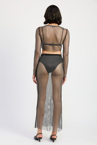 side profile rhinestone maxi skirt showing waistband, sheer fishnet body and floor-grazing length from side