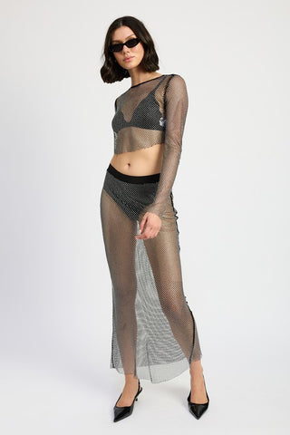 back view black rhinestone fishnet maxi skirt showing sheer construction and crystal scatter from behind at floor length