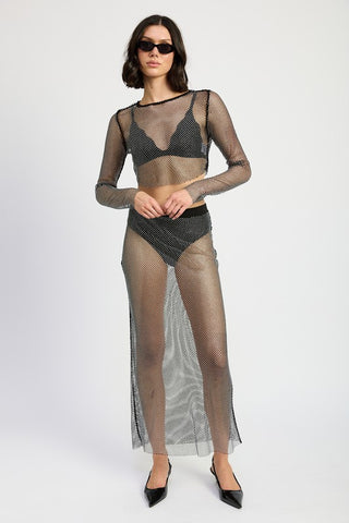 three quarter view sheer rhinestone fishnet maxi skirt with crop top co-ord showing floor length and rhinestone sparkle