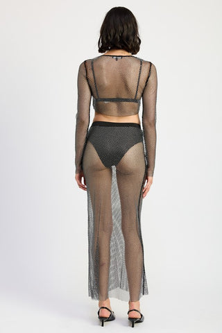 close up sleeve cuff rhinestone mesh crop top showing crystal embellishment at wrist and open fishnet weave texture