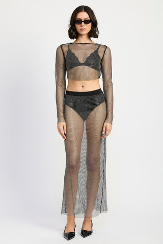 back view rhinestone mesh crop top showing sheer back construction and rhinestone scatter on long sleeve from behind
