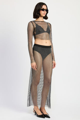 full length front view rhinestone mesh crop top co-ord showing long sleeves, crew neck and crop length above navel