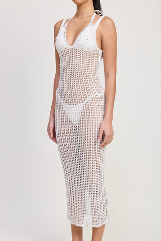 back three quarter view black crochet midi dress showing full back and bead sparkle from angle