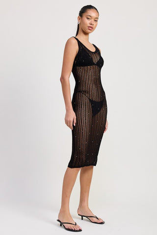full length front view black crochet midi dress with metallic bead scatter, complete open crochet silhouette