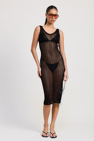 Cleo black crochet midi dress front view, metallic bead scatter, scoop neck tank, worn over bikini, midi length
