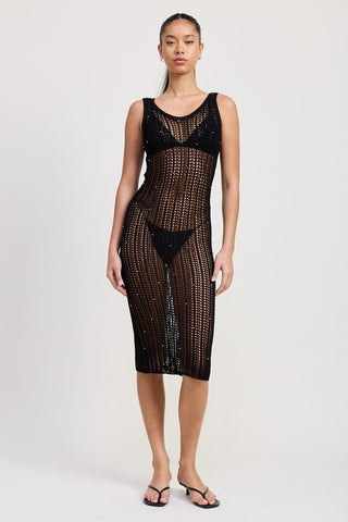 three quarter view black metallic beaded crochet midi dress showing open knit silhouette and midi length