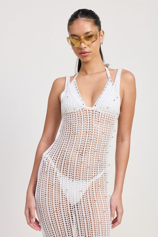 alternate full view black crochet midi dress with metallic bead scatter, complete silhouette