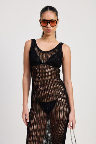 back view black open weave crochet beaded midi dress showing scoop back construction from behind