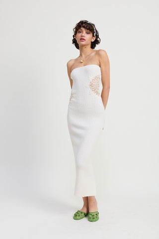 back view white strapless ribbed knit tube midi dress showing clean straight back and midi length from behind