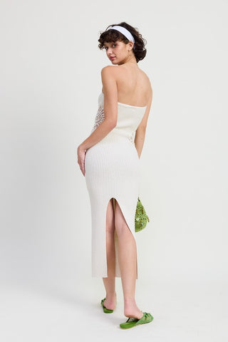 alternate full view white cream strapless bodycon tube midi dress with crochet mandala patch complete outfit styling