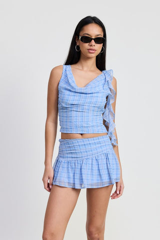 Blair baby blue plaid crop top with asymmetric cascade ruffle on one side and draped cowl V neck, co-ord mini skirt below