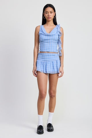 back view baby blue plaid crop top showing back construction and ruched body fit from behind