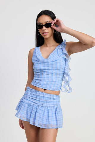 styled view baby blue plaid co-ord set Blair mini ruched skirt with matching ruffle cowl neck top complete look