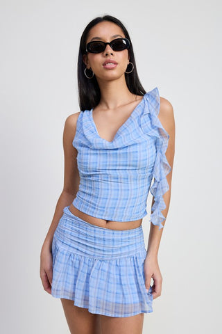 Blair baby blue plaid mini skirt with wide ruched waistband and ruffle hem tier, A-line silhouette, upper thigh mini length