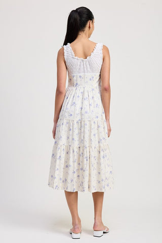 close up collar detail eyelet midi dress showing broderie anglaise fabric texture and gathered ruffle construction