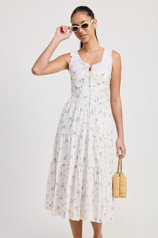 three quarter view blue rose cotton eyelet midi dress showing tiered A-line skirt and broderie anglaise collar