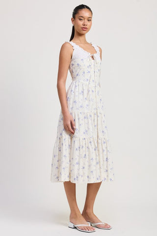 side profile eyelet collar cotton midi dress showing tiered A-line silhouette and broderie anglaise collar from side