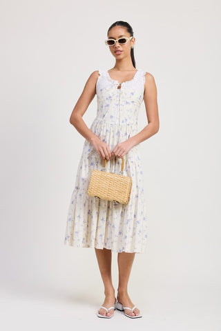 back view blue rose cotton eyelet midi dress showing wide tank straps and tiered A-line skirt from behind