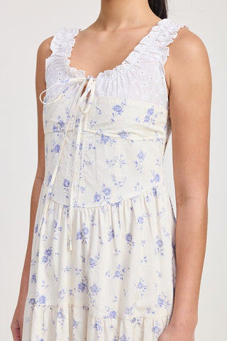 close up bodice detail eyelet midi dress showing gathered broderie anglaise collar and center lace-up ribbon tie