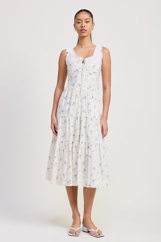 Blythe blue rose eyelet midi dress front view, broderie anglaise collar, center lace-up ribbon, tiered cotton, midi length