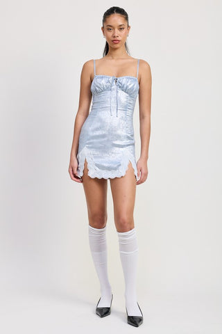 portrait ice blue shimmer satin bodycon mini dress showing center tie bow gathered bust and white scallop lace hem