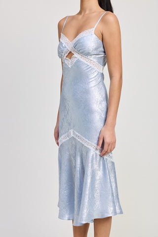 side view baby blue metallic satin lace trim slip dress showing diagonal white lace panel across bodice and flared hem