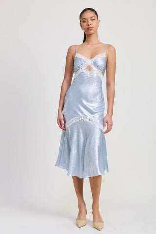 Odette lace trim slip dress in baby blue metallic shimmer with white lace V-keyhole neckline and fishtail midi hem