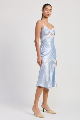 close-up white lace diagonal keyhole detail at center chest of baby blue metallic satin lace trim slip dress