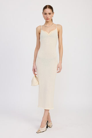 Grace cream spaghetti strap midi dress front view, sweetheart neckline, bodycon fitted silhouette, subtle shimmer