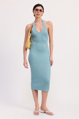 Sera teal metallic halter knit dress front view, deep V halter neck, ribbed iridescent shimmer, bodycon midi length