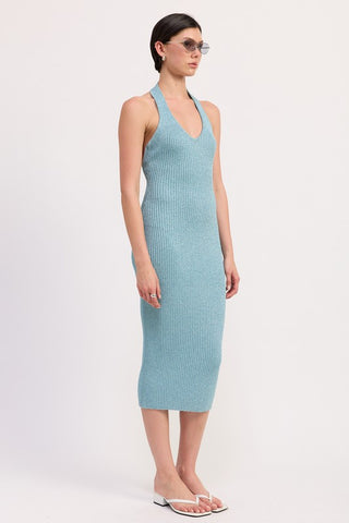 full length teal seafoam metallic halter knit dress showing complete bodycon fitted silhouette from neckline to hem