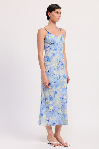 full length styled view impressionist floral satin slip midi dress showing complete silhouette and midi hem
