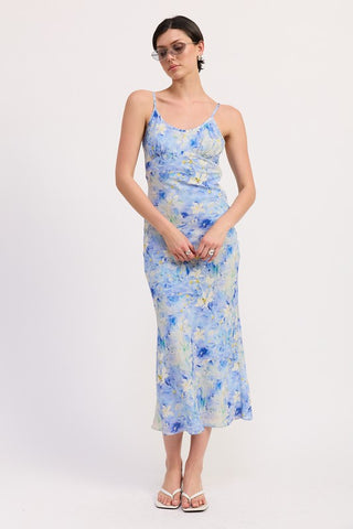 Fleur satin slip dress midi in blue watercolor floral, impressionist print, V-neck spaghetti straps, side ruching