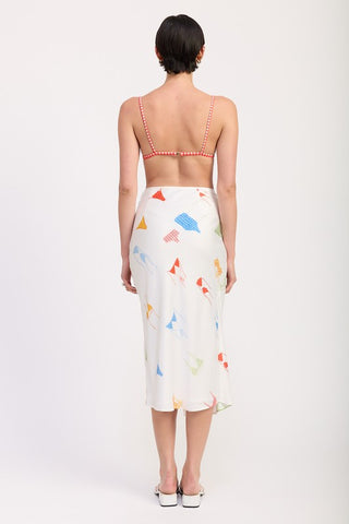 alternate full view printed satin midi skirt showing different styling and complete flag print silhouette