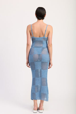 alternate styled view periwinkle blue checkerboard maxi dress showing full pattern and spaghetti strap construction