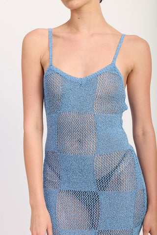 close up bodice periwinkle maxi dress showing alternating sheer mesh and opaque knit checkerboard squares