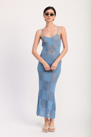 back view blue checkerboard periwinkle maxi dress showing alternating squares from behind, scoop back straps