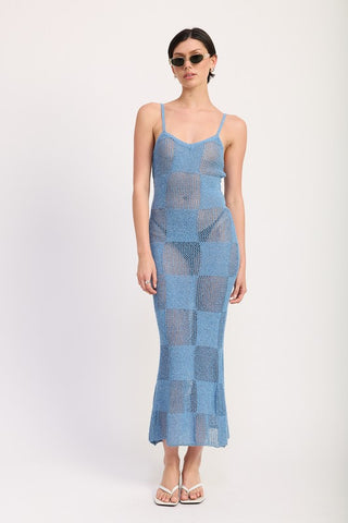 Azzura periwinkle maxi dress front view, checkerboard sheer opaque alternating knit, spaghetti straps, floor length