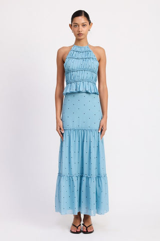 alternate styled view cream polka dot tiered ruffle midi skirt showing A-line silhouette and full midi length