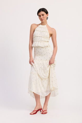 Eloise cream polka dot tiered ruffle midi skirt with smocked waistband and matching halter co-ord top, full length view